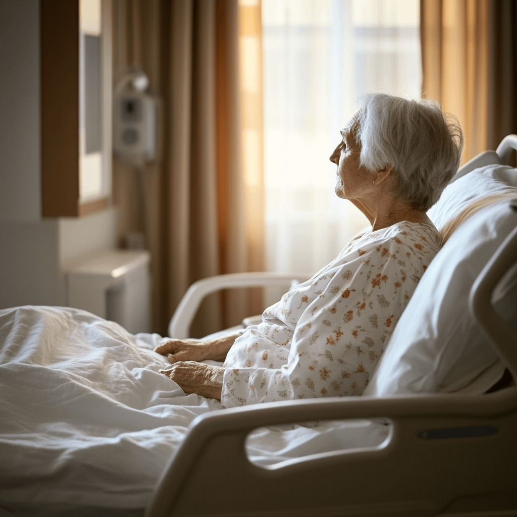 elderly person sitting in a nursing home bed