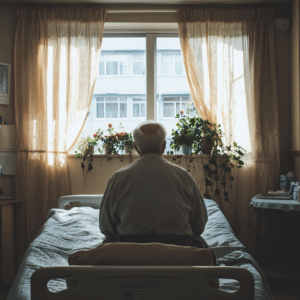 an elderly person sitting up in their bed and looking out the window