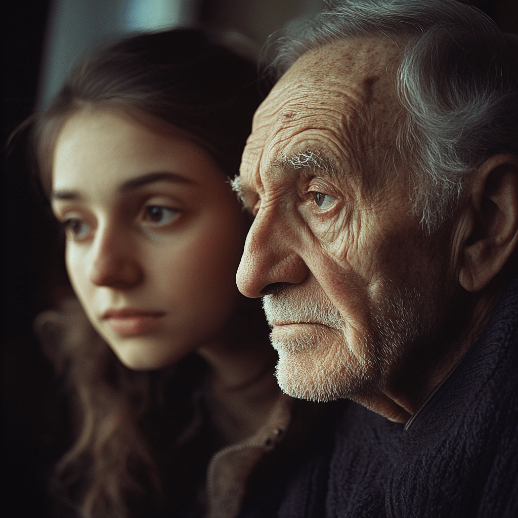 an elderly man next to a young woman, both with somber expressions