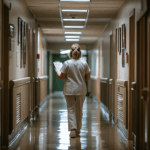 a woman walking down the hallway of a nursing home