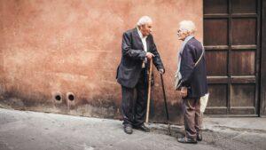 elderly couple talking