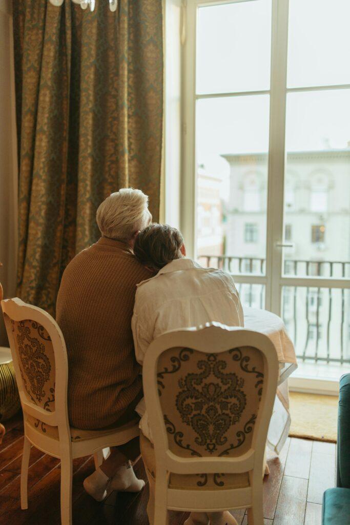 elderly couple talking