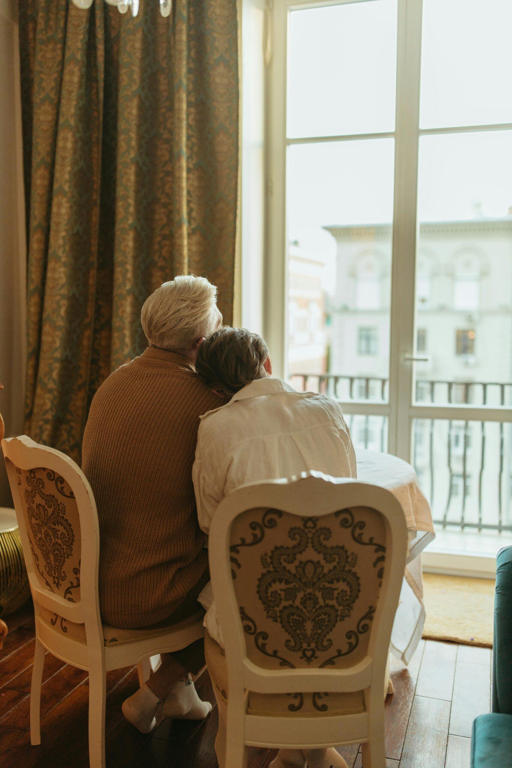 elderly couple talking