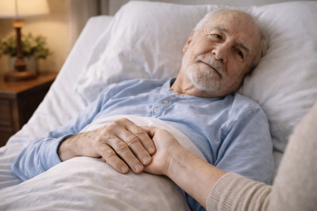 An older man lying in bed, gently resting his hand on the arm of a woman beside him.