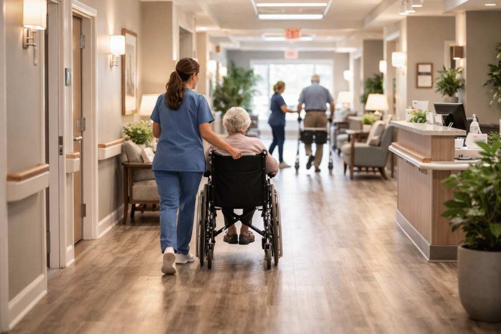 A nurse assists an elderly woman as they walk together down a well-lit hallway.